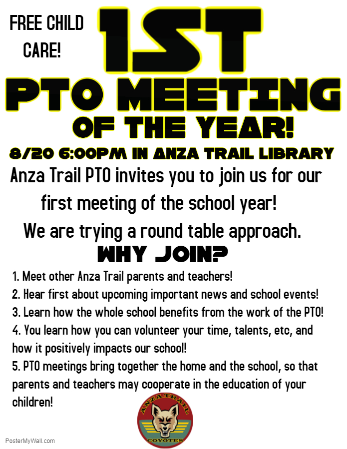 PTO Meeting, 08/20 6pm For Parents in Library