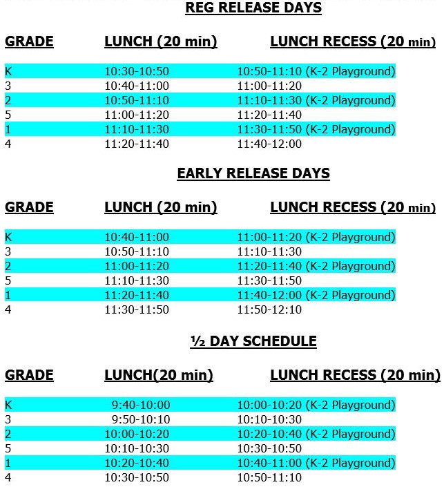 K-5 Lunch Schedule