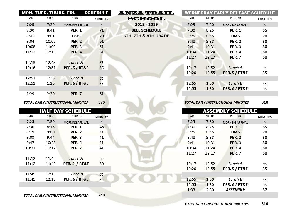 Schedule Times for Middle School