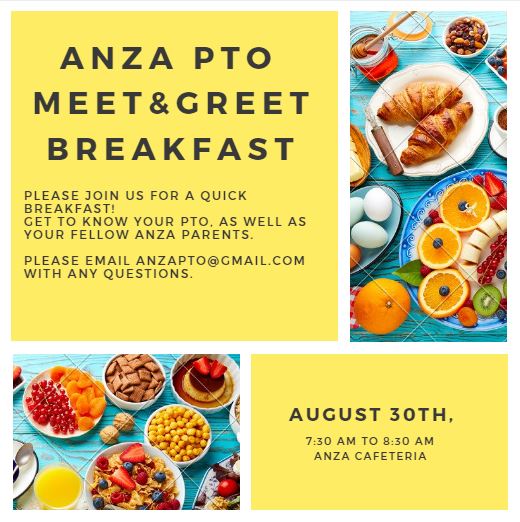 PTO Meet & Greet Breakfast, 08/30 7:30am-8:30am