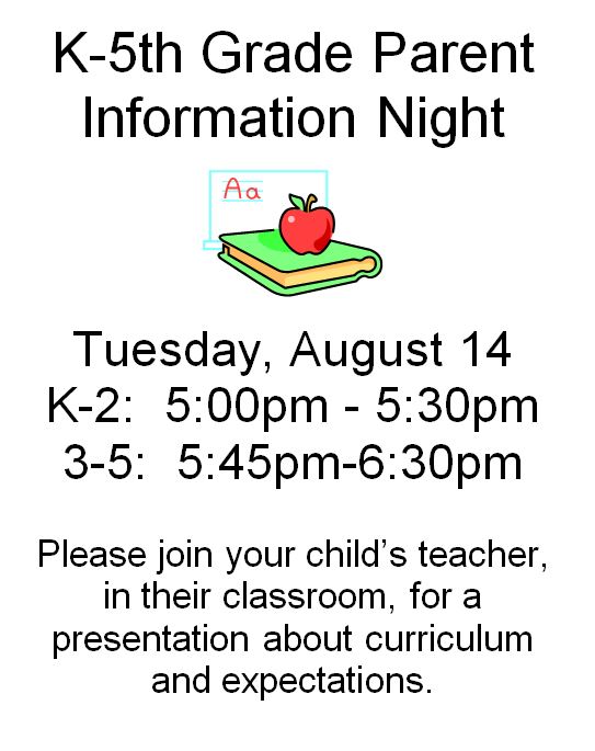 K-5 Parent Information Night 08/14/18 