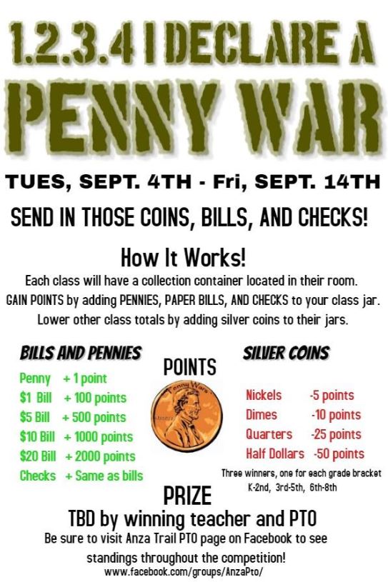 Penny Wars. Send cash, coins, or checks. School Fundraiser.