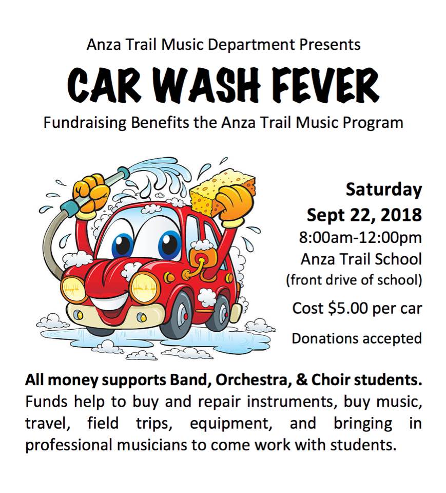 Car Wash tomorrow at Anza Trail!! Come to get your car washed by the middle school music students. All proceeds go to help support our Music Department!!