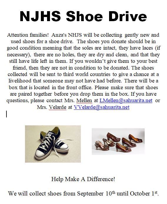 NJHS Shoe Drive  September 10th until October 1st