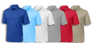 polo shirts in royal, blue, white, gray, red and tan