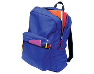 blue backpack with school items