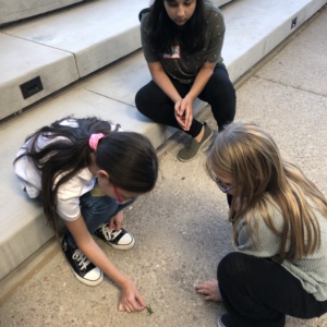Three girls of age 8 years old sitting on steps looking at floor