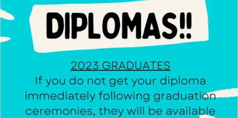 SDPA flyer describing date, time and location to pick up students diplomas. Background in black, white and teal.