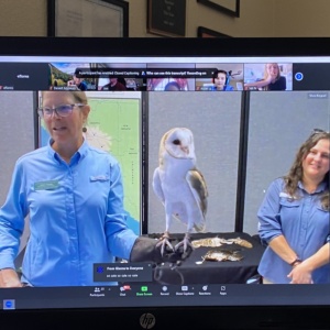 Lady holding an eagle showing the students via zoom virtual field trip.