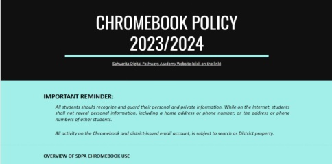 An image of Chromebook Policy for SY 2023/2024, in black and turquoise colors.