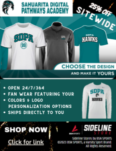 SDPA FLYER ANNOUNCING SPORTS WEAR WITH SCHOOL LOGO WHICH THE MASCOT IS A HAWK.