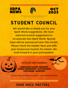 SDPA flyer for student council spirit week. The flyer is yellow and orange in color.