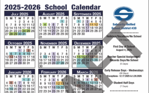 screenshot of the 2025-2026 school calendar showing months June through March with color coded school holidays, breaks and early release