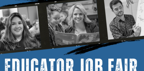 Film strip with three black and white photos of female teacher, female teacher reading to student, and male teacher writing on chart. Educator Job Fair
