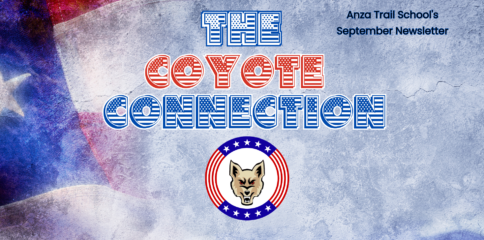 American Flag background; The Coyote Connection, Anza Trail School's September Newsletter. image of coyote logo with patriotic round border.