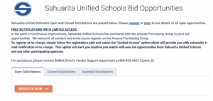 Screen capture of Bid Net website for vendor registry and open solicitations